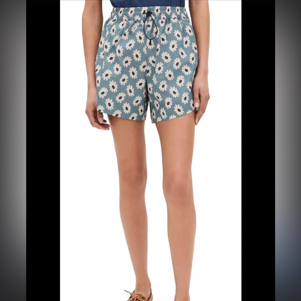 THE GREAT. Teal Daisy Print Athletic Shorts